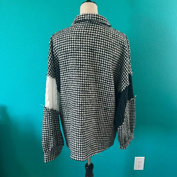 POL Houndstooth Sweater Shacket Black & Cream Oversized Patchwork Shirt Jacket S - Image 4