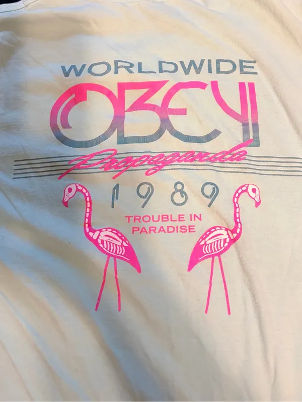 Obey Vintage Light Blue T-Shirt with Pink Flamingo Graphic - Image 6
