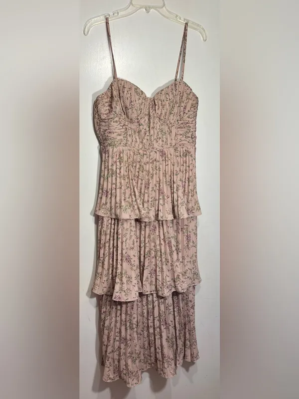 Lulus Cascading Crush Pink Floral Print Tiered Bustier Midi Dress size M - Image 3