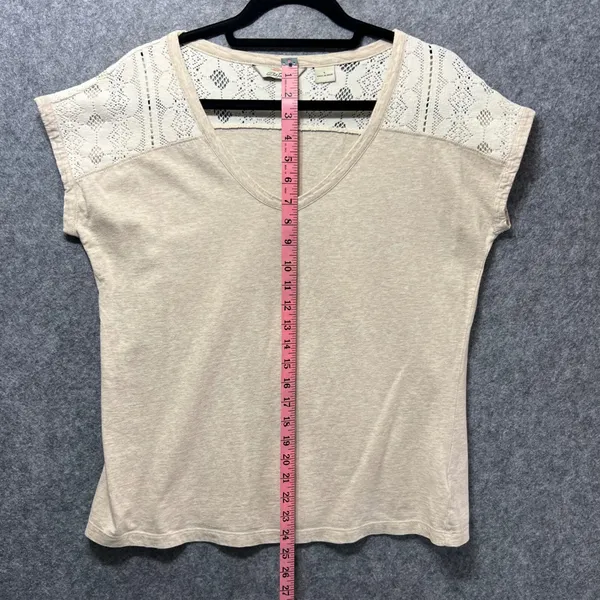 Bob Timberlake Lace Shoulder V-Neck Knit Top Beige‎ Short Sleeve Tee Women's L - Image 5