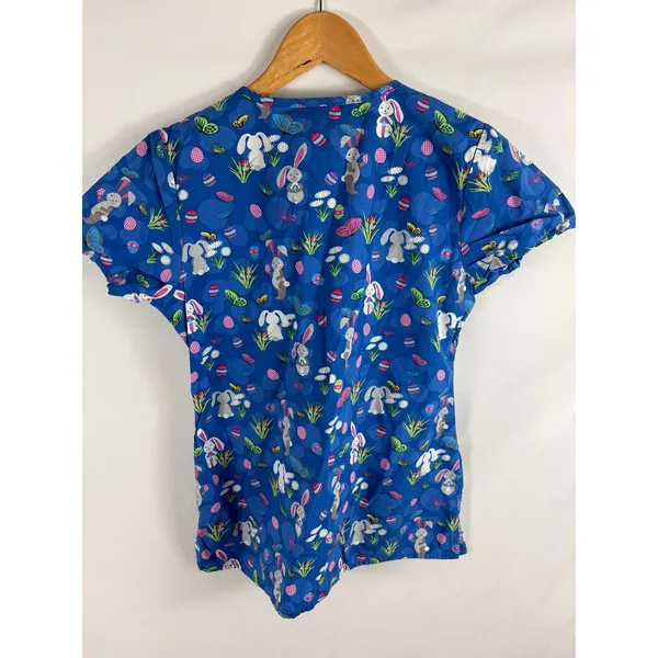 Zoe + Chloe Easter Bunny Short Sleeve Blue Scrub Top Size XS - Image 3