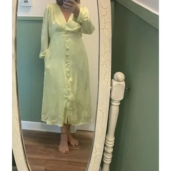 Frnch Paris Lime Green Satin Midi Dress Size L Long Sleeve Button Front - Image 7