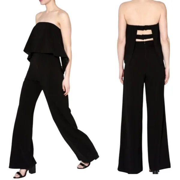 NWT DO+BE Black Strapless Overlay Front Ruffle Wide Leg Jumpsuit Black Size M - Image 14