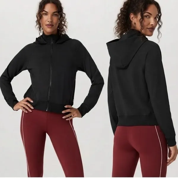 Vuori Daily Jacket Womens Large Black Hooded Full Zip Bomber Ribbed Trim Active - Image 2