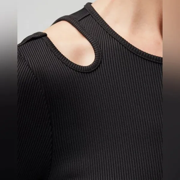 WHBM FORME Black Rib Midi Bodycon Cutout Cocktail Dress sz LRG LBD nwot - Image 6