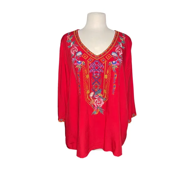 Women’s Boho Floral Embroidered 3/4 Sleeve Red Popover Vneck Top XXL - Image 2