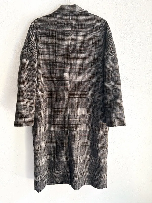 Zara Oversized Plaid Wool Blend Coat Gray Brown Glen Plaid Long Coat Small - Image 3