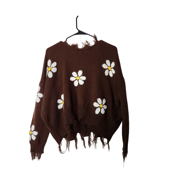 Just Polly New York Brown Daisy Floral Knit Frayed Hem Pullover Sweater Large - Image 2