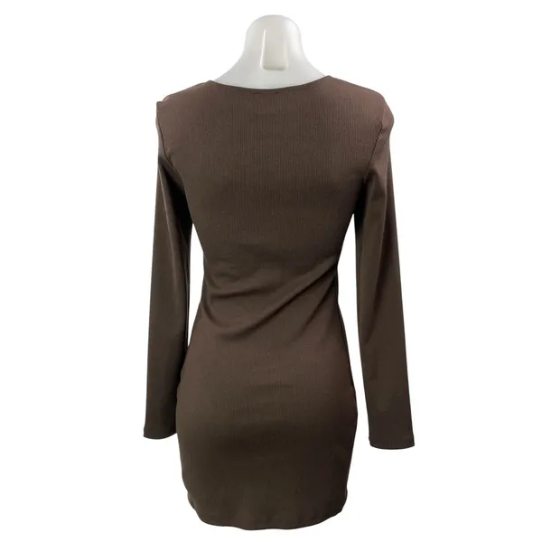 Princess Polly Brown Long Sleeve Ribbed Knit Square Neck Mini Bodycon Dress 6 - Image 3