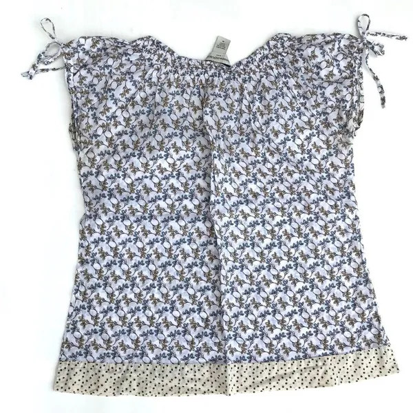 Banana Republic Blue White Brown Tie Sleeve Floral Cotton Top, Sz Medium - Image 3