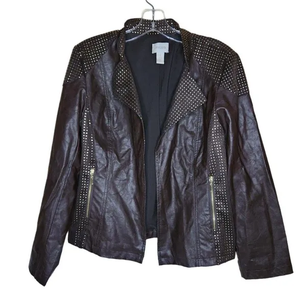 Chico's Chocolate Brown Open Front Faux Leather Lined Jacket Gold Studded Size 1 - Image 2