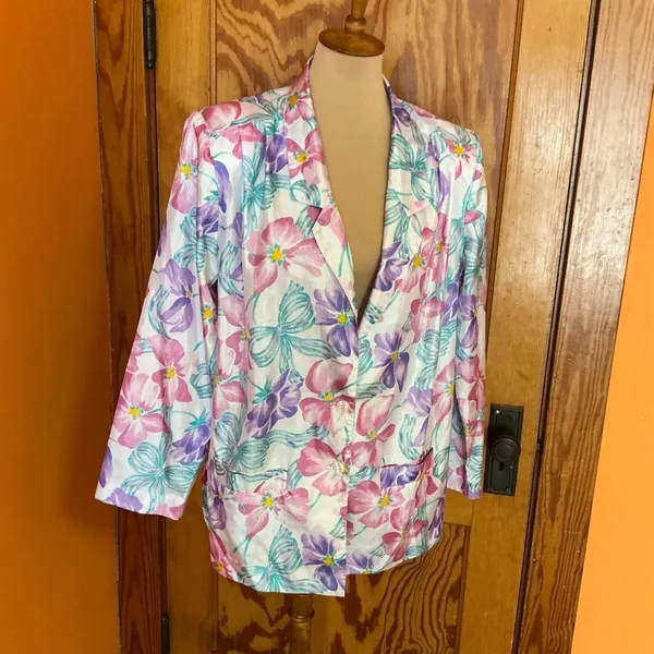 Vintage 80s 90s Floral Blazer Pastel Pink Purple Teal Lightweight Jacket Retro - Image 8