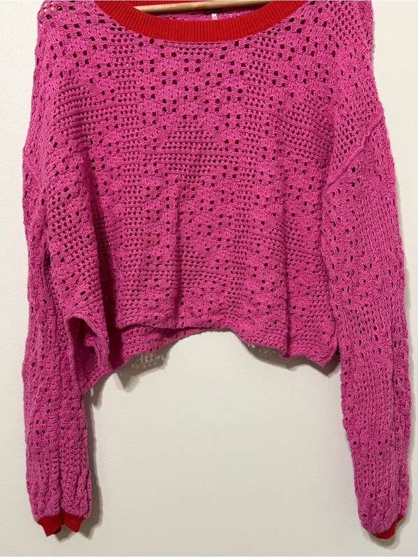 Free People Pink Crochet Knit Sweater Size Large Boho Fall Valentines Day - Image 5