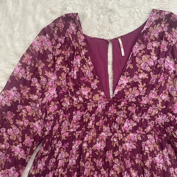 Free People Dress Keep You Mini Long Sleeve Cotton Floral Berry Combo Sz L - Image 6