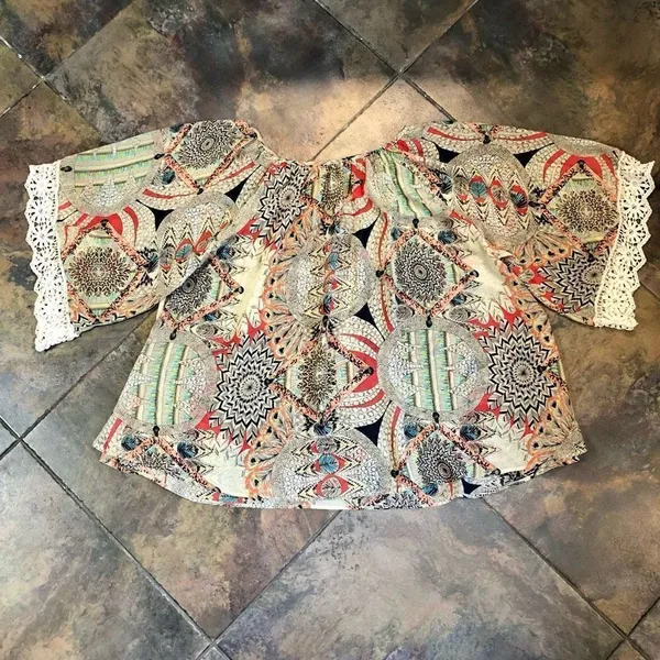 By Together Sheer Pull On Multicolor Blouse Lace Sleeve Trim Size Large - Image 7