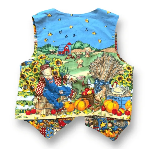 Vintage Handmade Reversible Vest Autumn Pumpkin‎ Scarecrow Farmhouse Blue Orange - Image 2