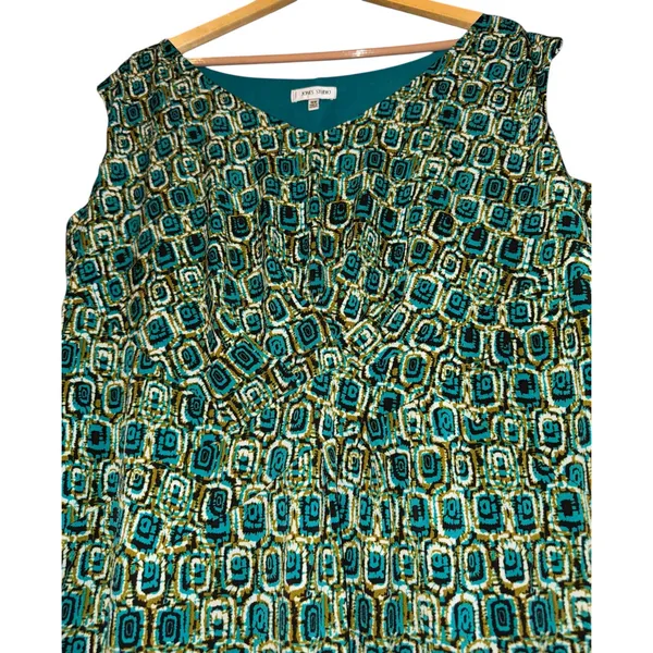 Jones Studio Green V-Neck Gathered‎ Front Geometric Midi Dress Womens 16W Retro - Image 2