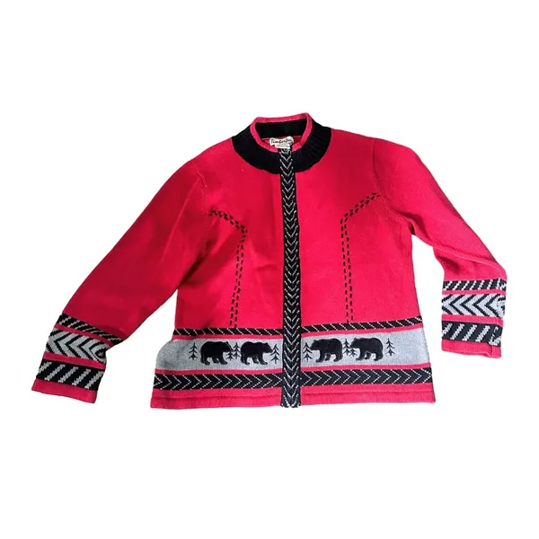 Timberlea Women's Red Black‎ Bear Motif Cardigan Sweater XL - Image 7