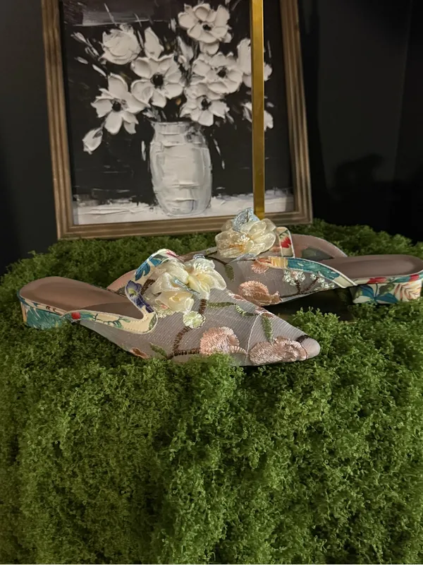 Embroidered Pointed Slip-On Mules in Taupe with Floral Accents - Image 2