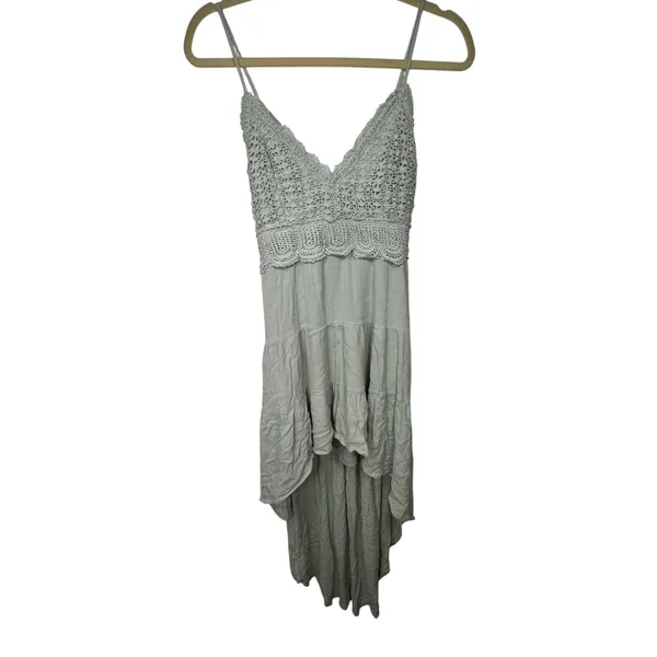 Privy‎ Sage Green Crochet Hi Lo Dress Womens Small Cami Strap Smocked Boho Lace - Image 8