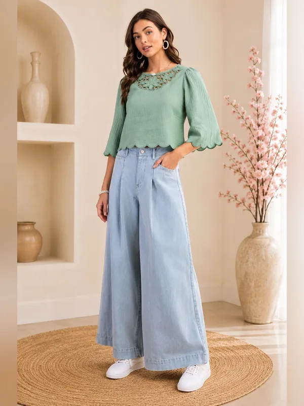 Crochet Yoke Puff Sleeve Blouse in Sage Size Medium - Image 2