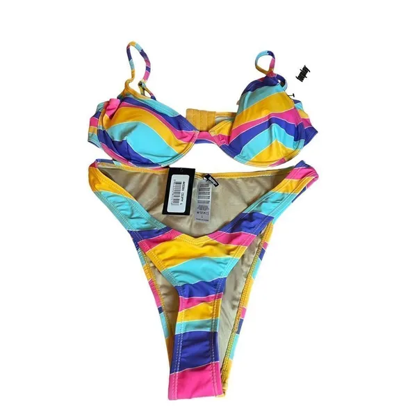 NWT Foreplay 2piece Bikini Set Multi Color Size L Vacation Pool Beach underwire Pink Size L - Image 4