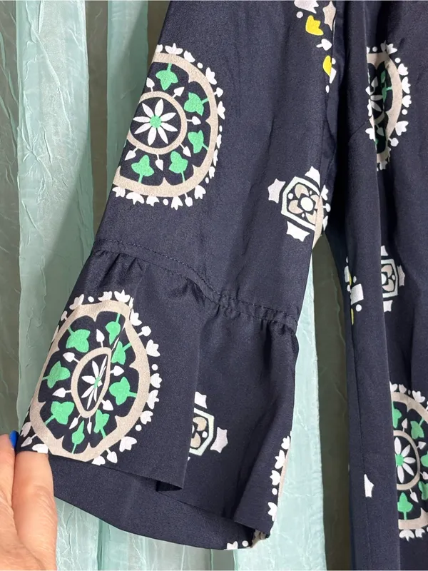 crown & ivy Navy Dress with Green, Yellow & White Medallion Print - Image 4