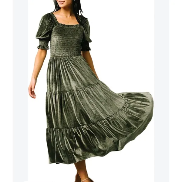 Baltic Born Olive Green Velvet Smocked Tiered Midi Dress 2XL Square Neck Puff - Image 7