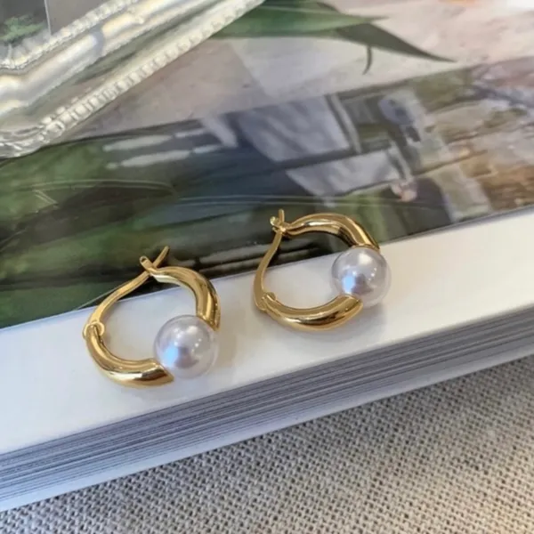 18K Gold Plated White Pearl Hoop Earrings for Women, Pearl Earrings - Image 2