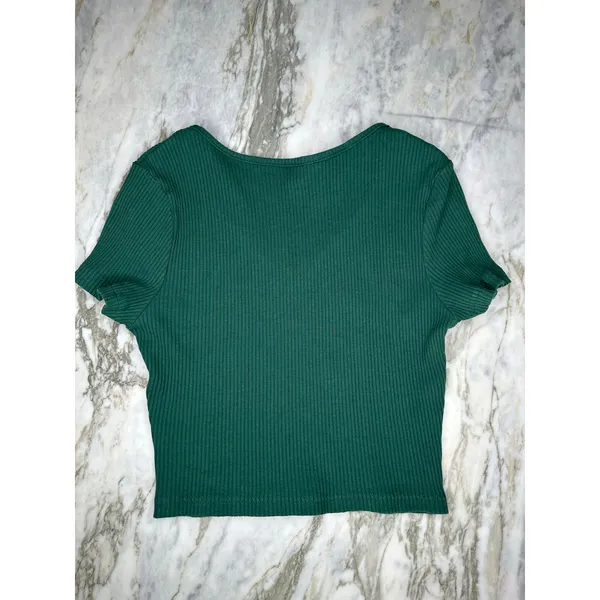 Green Ribbed Short Sleeve V Neck Crop T-Shirt Top Size Small - Image 3