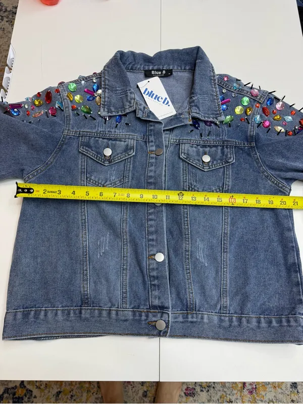 Blue B Collection Denim Jacket with Colorful Rhinestones and Spikes, Size M - Image 11