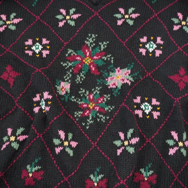 Boundary Waters Vintage Chunky Knit Floral Intarsia Mock Neck Sweater XL Black - Image 3