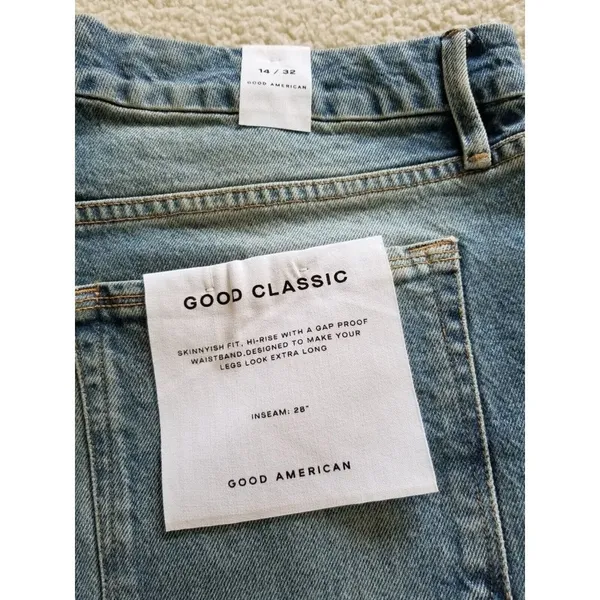 Good American Good Classic Skinnyish Fit Distress Indigo Hi-Rise Jeans Sz 14/32 - Image 10