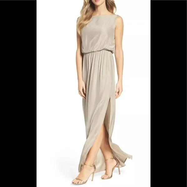 Natalie Deayala drape back silk column dress. NWT Tan - Image 3