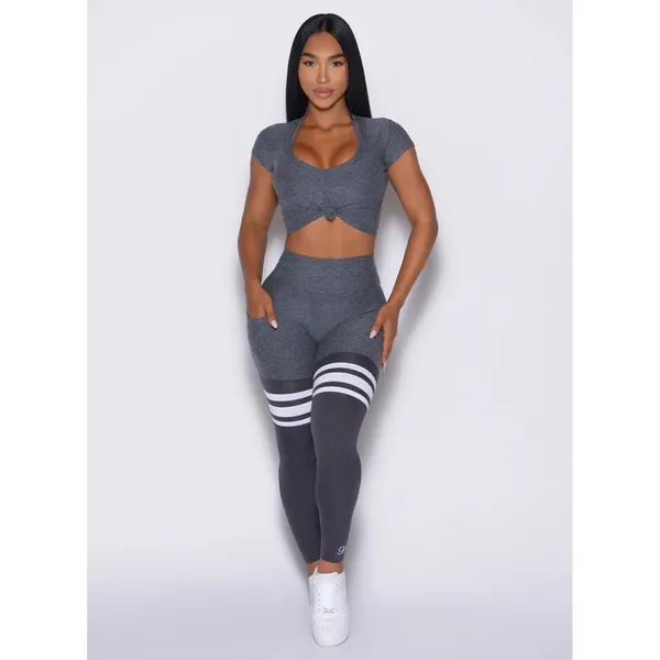 Bombshell Sportswear Perform Thigh High Leggings Women M Gray Stripe Pocket - Image 3