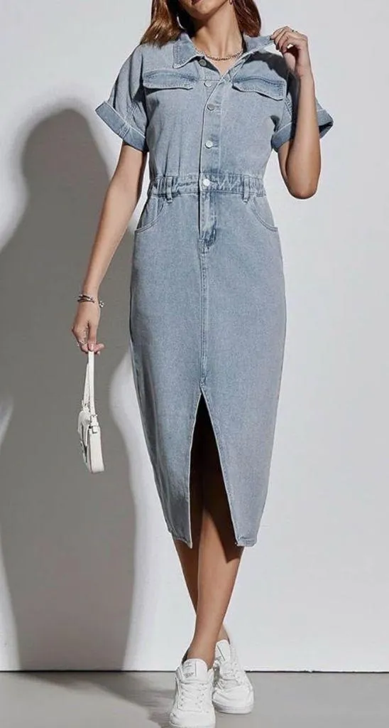NEW Short Sleeve Denim Midi Dress Stretch Button Jean 2X - Image 4