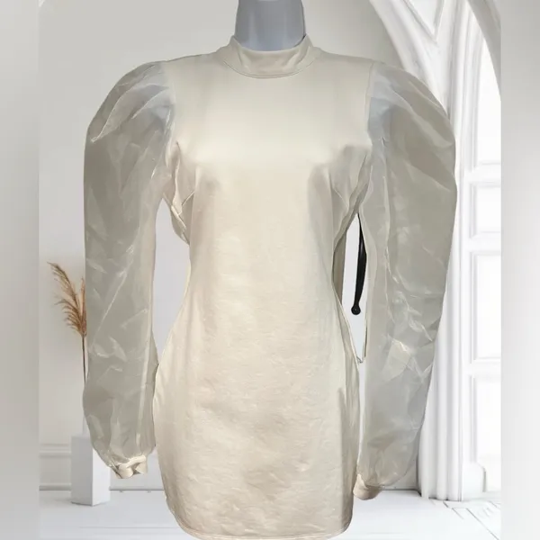 NBD Bao Mini Dress Ivory Puff Sleeve Sheer Organza Size S - Image 4