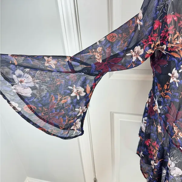 Coachella Festival Sheer Floral Kimono Boho Bell Sleeve Navy M Tassel Resort - Image 3