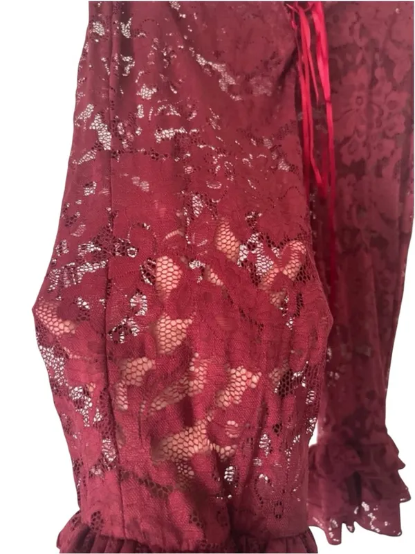 ROMWE Burgundy Grunge Fairy Sheer Lace Ruffled Bell Bottom Bloomer Pants cropped - Image 8