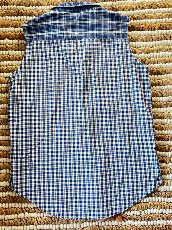 Vintage 100% Cotton Republic Denim Blue Plaid and gingham Button-Up tanktop - Image 5