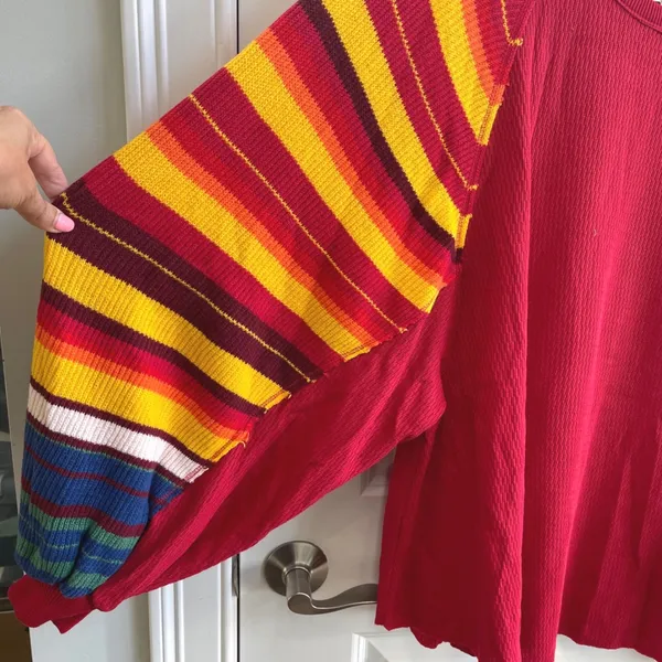 We The Free Found My Friend Rainbow Top Wmn Medium Red Boho Striped Waffle Knit - Image 6