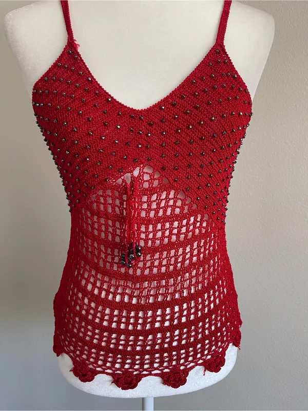 Red Crochet Beaded Cami Tank Top Size M - Image 2