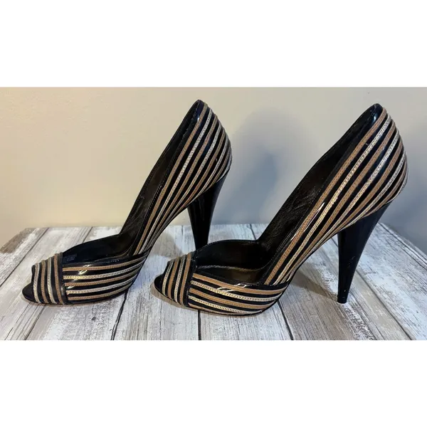 Saks Fifth Avenue Gold, Black, & Silver Peep Toe‎ Heels Size 6 - Image 7