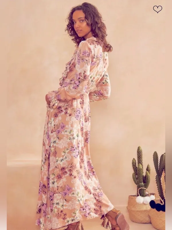 Revolve Jaase Chantal Boho Floral Ruffle Romantic Maxi Dress Peach Pink Handcrafted M - Image 2