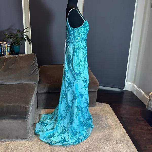 Women’s Blue Mermaid Fit Prom Party Dress Sparkly Sequins Leg Slit Size 12 - Image 6