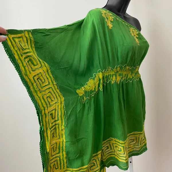 Fashion Terminal Cotton Boho Beachy Relaxed One Shoulder Kaftan Tunic Free Green - Image 6