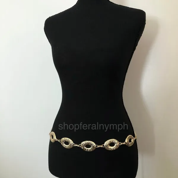 Vintage Y2K Boho Gold Hammered Open Oval Chain Belt, Up to 42.5 Inches, X7GA1146 - Image 2
