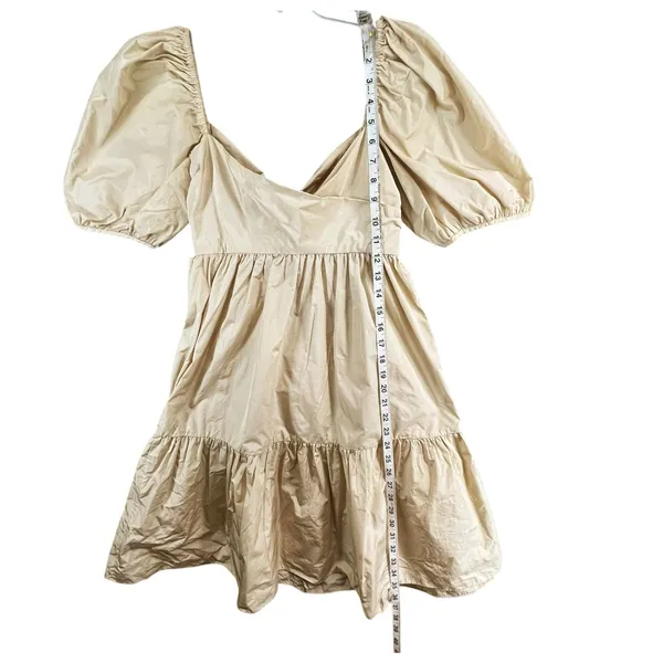 Aritzia Wilfred Opera Babydoll Dress Womens M Tan Cream Taffeta‎ Puff Sleeve - Image 10