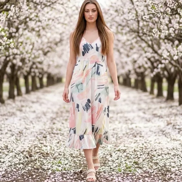 Womens Babydoll Maxi Dress Medium Painter Artsy Floral Beachy Vacation Travel - Image 8