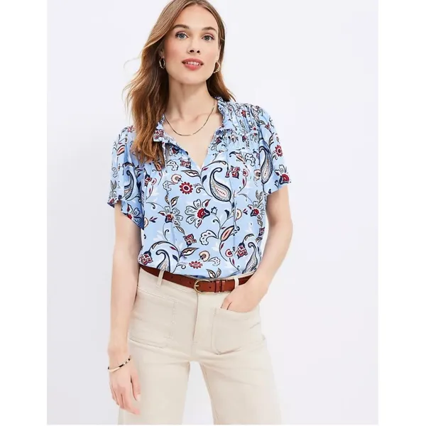 LOFT Womens M Light Blue‎ Paisley Ruched Ruffle Tie Neck Top Blouse Lightweight - Image 3